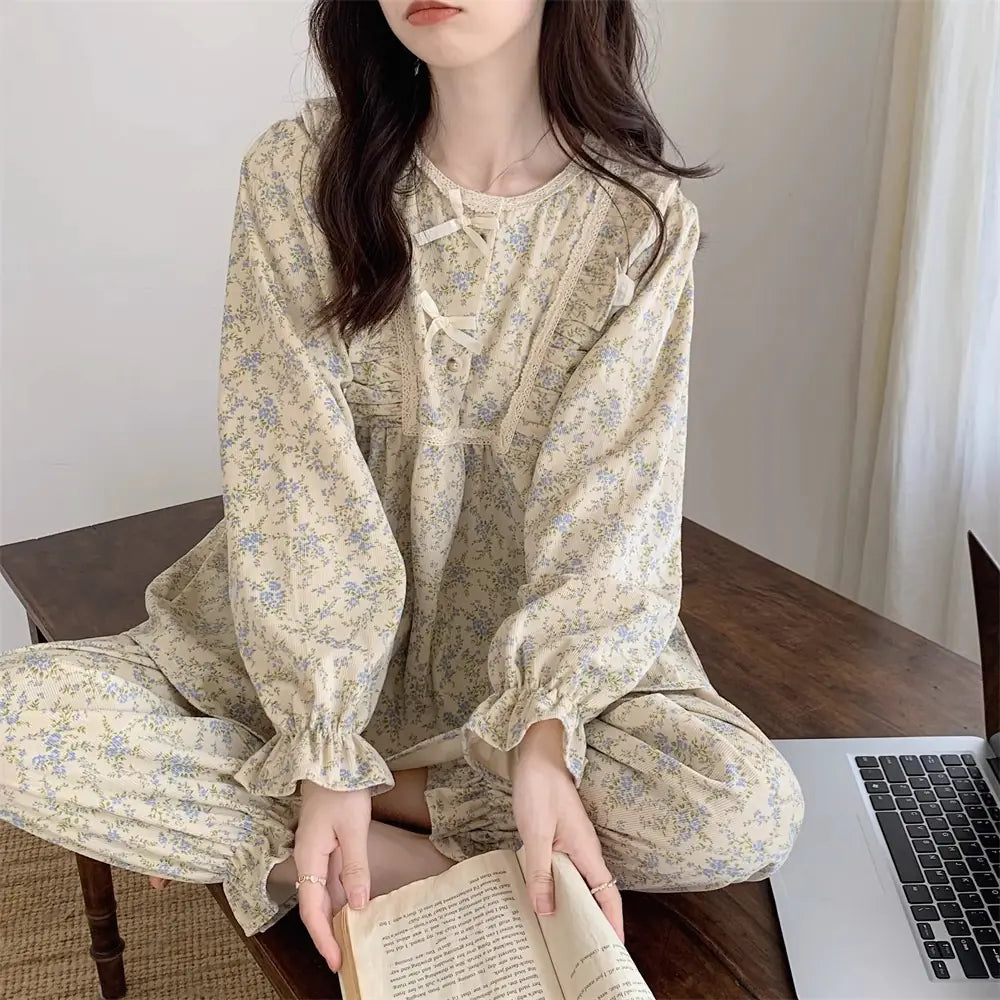 French Lace Mori Style Pastoral Style Dormitory Long Sleeve Outerwear Homewear Suit
