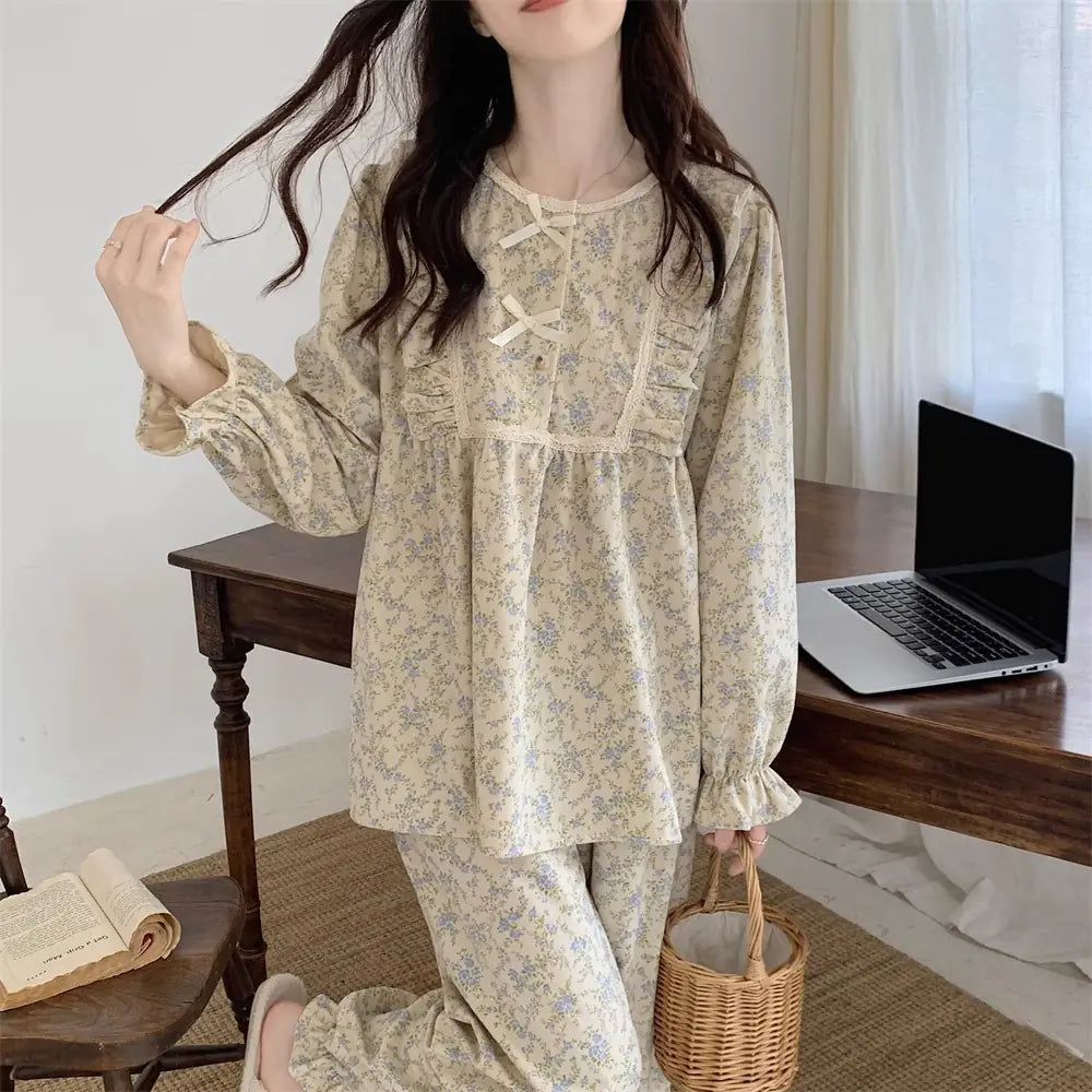 French Lace Mori Style Pastoral Style Dormitory Long Sleeve Outerwear Homewear Suit